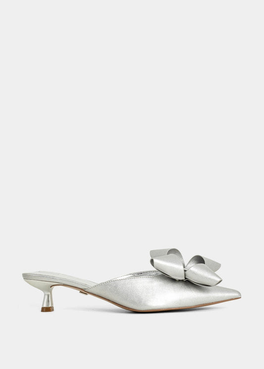 NELL Silver Heels – Pointed Toe Mule with Bow - SILVER | SHUSHOP