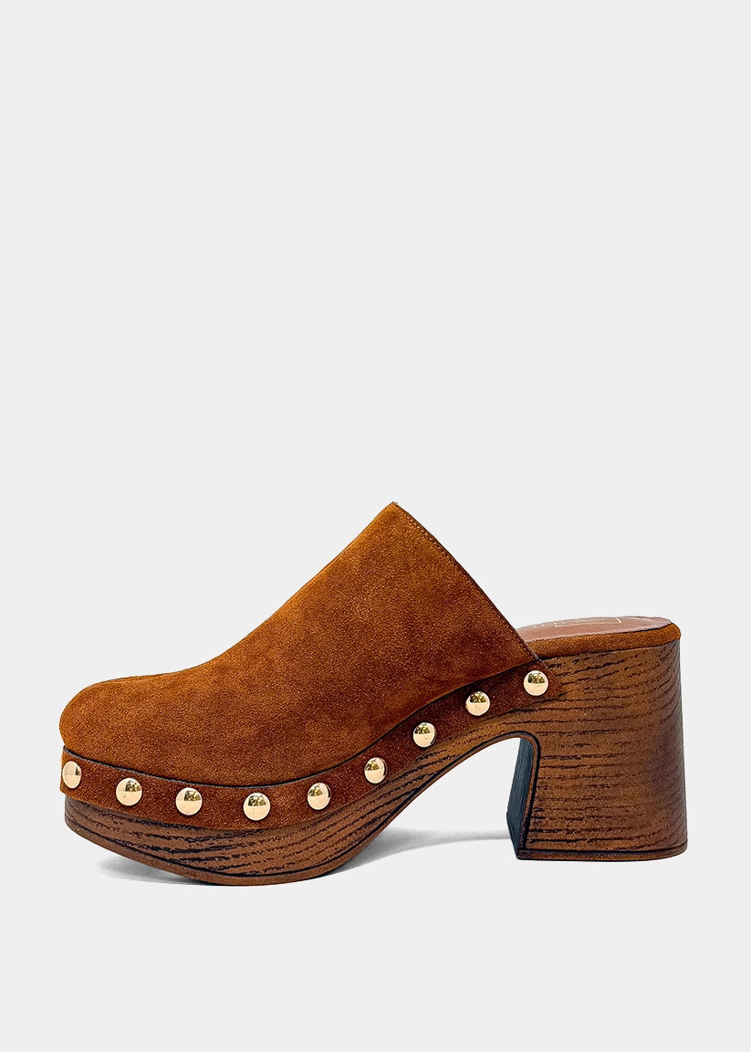 Geneva Cognac Suede Platform Clogs - COGNAC SUEDE | SHUSHOP