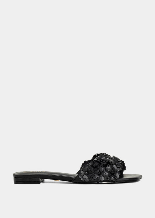 CAMELLIA Flat Sandal – Floral Slide for Summer Days - BLACK | SHUSHOP