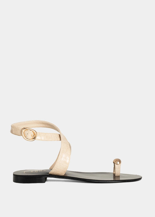 Barcelona Flat Sandals – Sculpted Toe Loop & Croc Texture - BEIGE CROCO | SHUSHOP