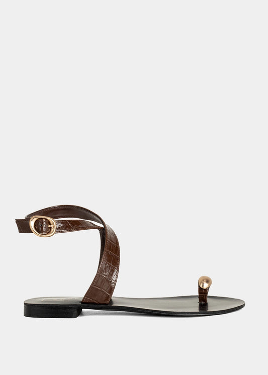 Barcelona Flat Sandals – Sculpted Toe Loop & Croc Texture - BROWN CROCO | SHUSHOP