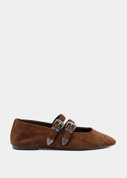 Albany Brown Suede Double Strap Flat - BROWN SUEDE | SHUSHOP