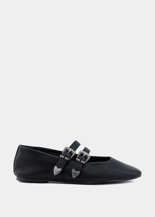 Albany Black Double Strap Mary Jane Flat - BLACK | SHUSHOP