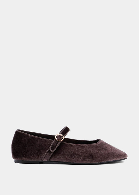 Annabelle Taupe Velvet Mary Jane Flat - TAUPE VELVET | SHUSHOP