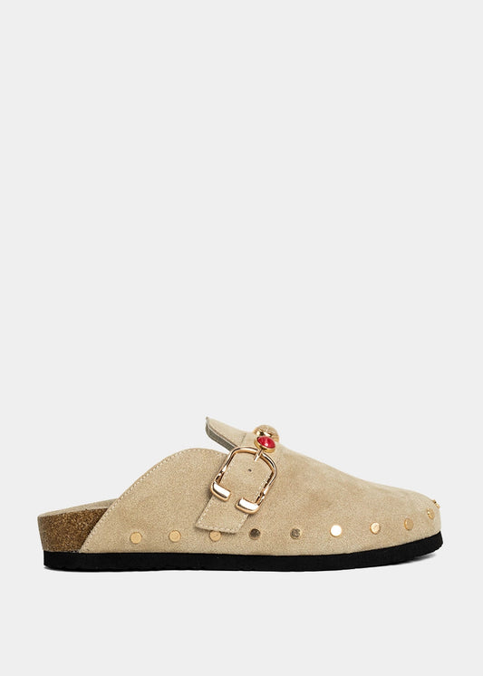 TINA Studded Clog Mule with Buckle - BEIGE SUEDE | SHUSHOP