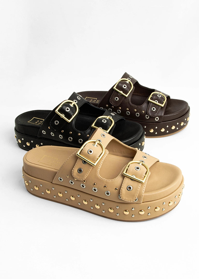 IRENE Platform Slide with Stud Details - TAN | SHUSHOP