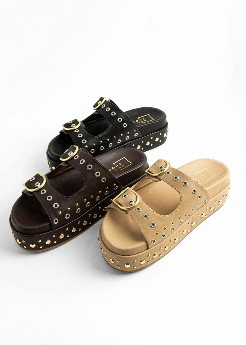 IRENE Platform Slide with Stud Details - BROWN | SHUSHOP