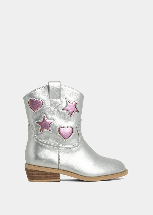 Zimba Mini Silver Kids Boot with Pink Stars & Hearts - SILVER | SHUSHOP